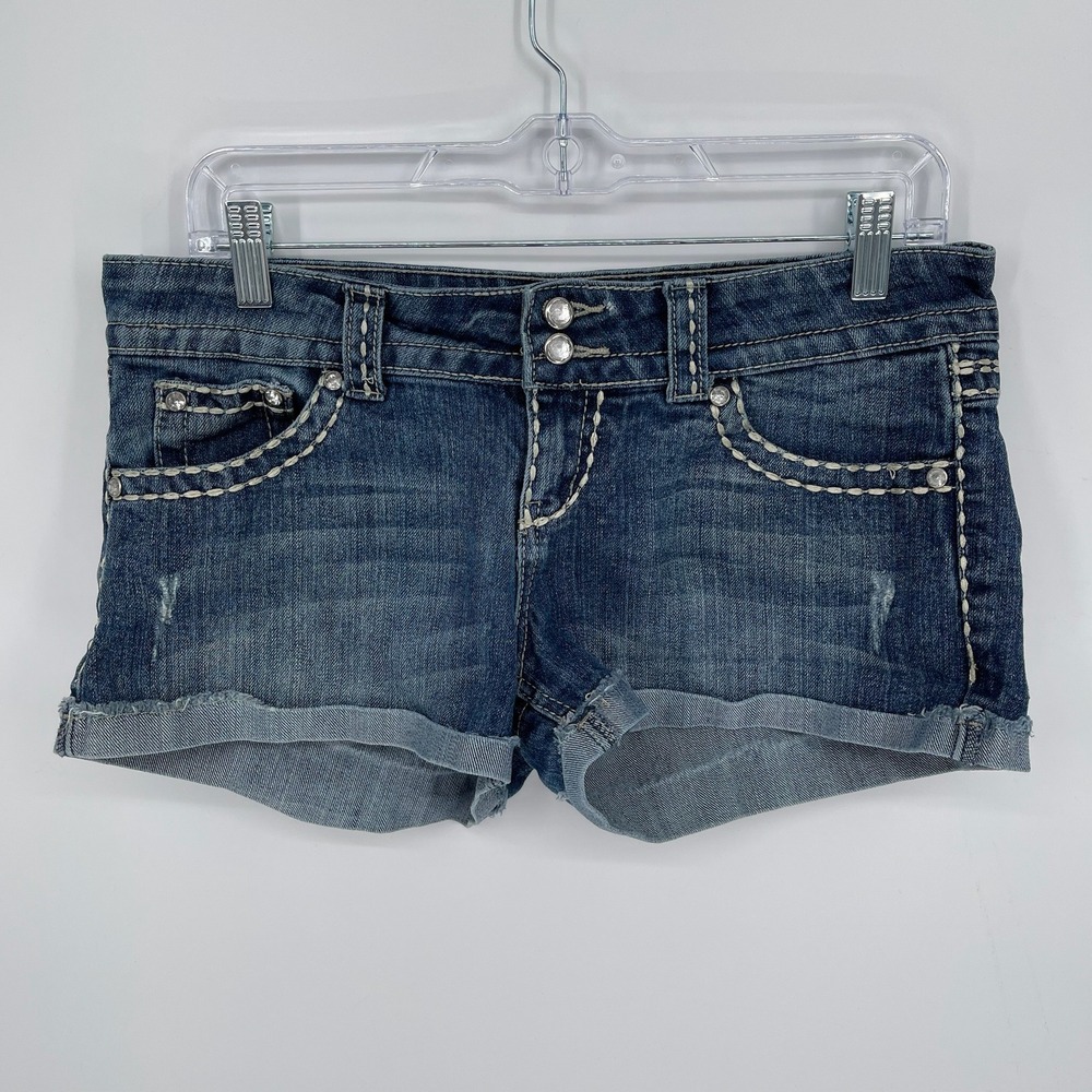 Bongo‎ Junior's Blue Thick Stitch Rhinestone Denim Shorts Size 9